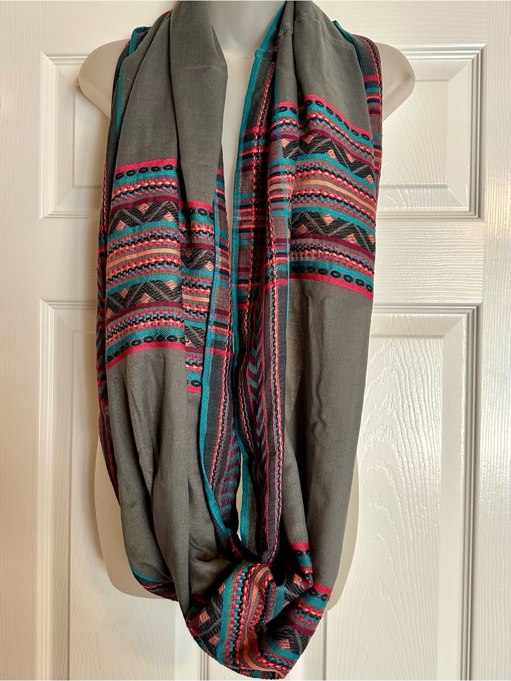 Gray Infinity Scarf with Teal and Coral Aztec Embroidered Design